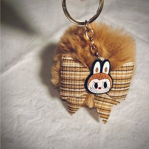 Charming Tan Soft Fur Labubu Keychain with Plaid Bow and Gold